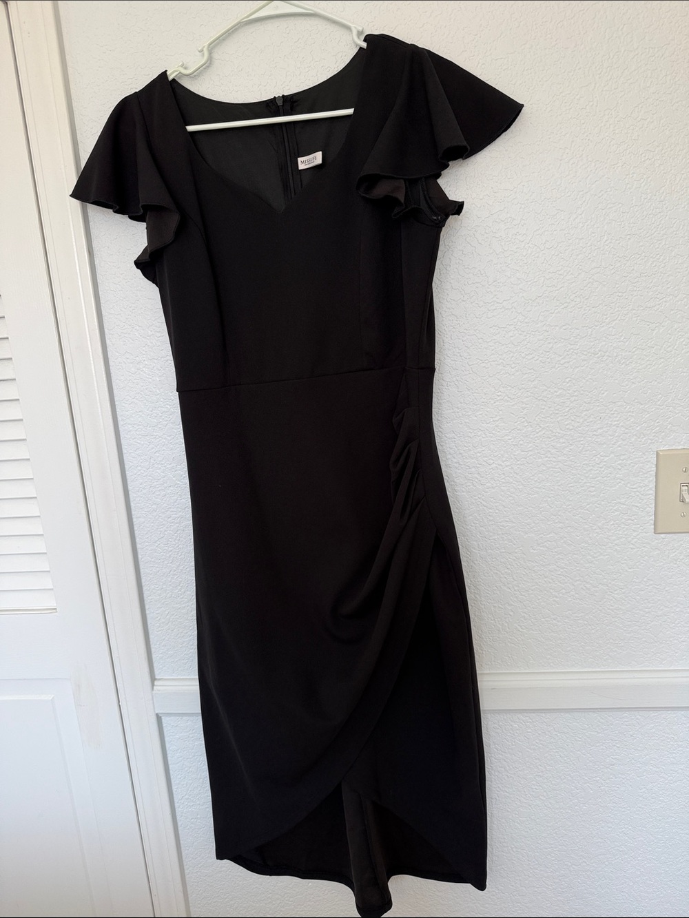 Black Midi Dress with Ruffle Cap Sleeves and Side Drape